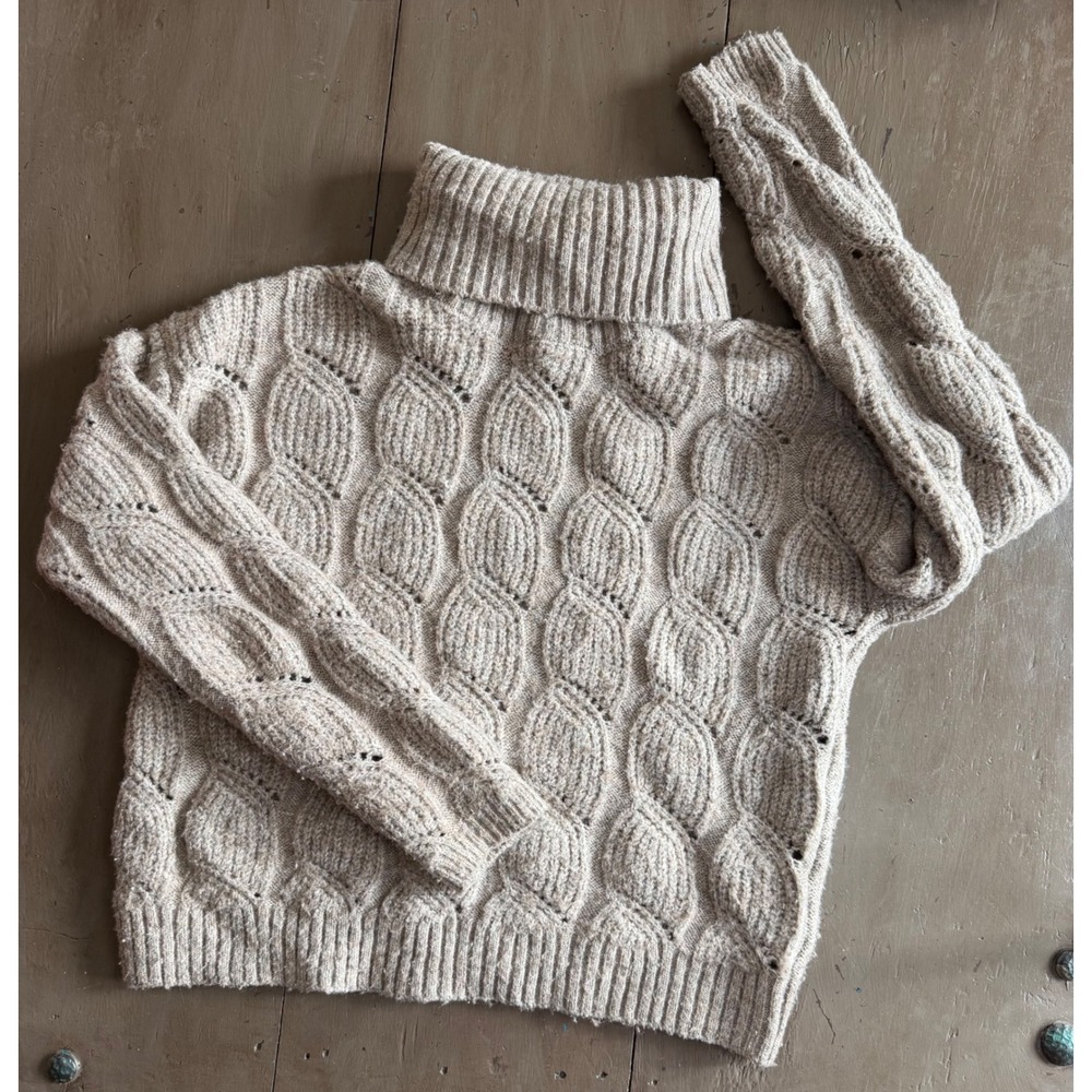 Pink Rose Oatmeal Beige Cropped Turtleneck Cable Knit Sweater Small T0S22635